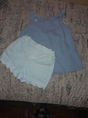 Abercrombie & Fitch Blue Striped Tank with White Scallop Hem Shorts